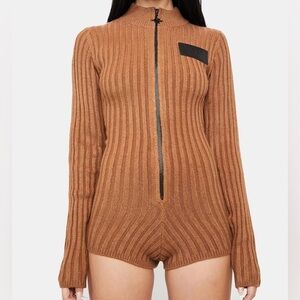 Brown Ribbed Knit Long Sleeve Romper